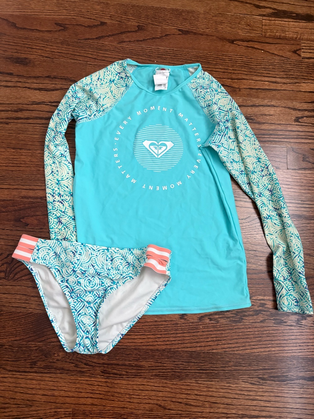 Roxy Girls' Teal Rash Guard Set with Patterned Sleeves and Bikini